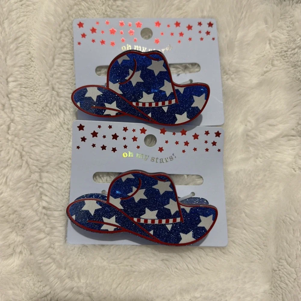 Patriotic Glitter Cowboy Hat Hair Claw Clips Lot of 2 Western Cowgirl